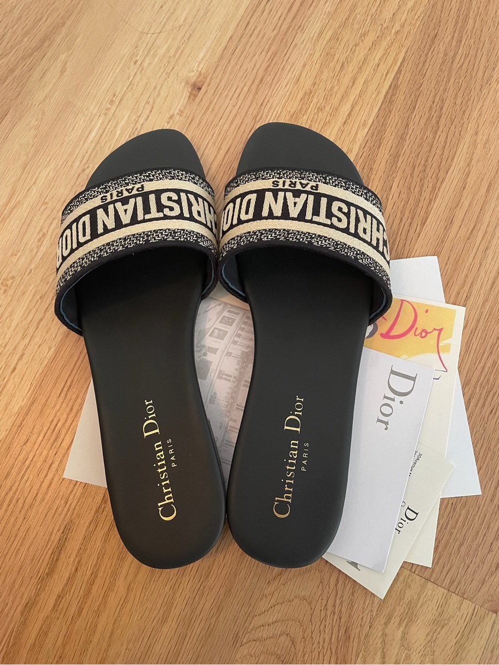 Dior Black Slides with Cream Logo Strap
